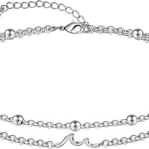 Womens Sterling Silver Created Opal Layered Anklet Bracelet Dainty Beaded Chain